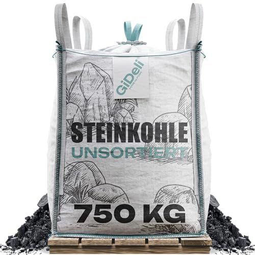 GiDeli Steinkohle 750kg - Kohle Fuer ofen und Kaminofen - Unsortierte Anthrazitkohle 5–50 mm – Hoher Heizwert 24–26 MJ/kg – Big Bag Heizkohle zum Heizen