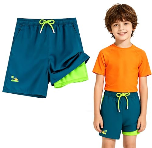 JAYIDAMAI Maillot de Bain Enfant Garcon avec Doublure de Compression, 2 in 1 Short de Bain Enfant Garcon Séchage Rapide avec Poches Élastique pour Plage Piscine Surf