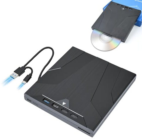 ELUTENG CD DVD extern enhet, USB3.0 typ C dubbel anslutning DVD-brännare drivrutinsfri extern CD-enhet 7-i-1 extern optisk brännare och spelare för bärbar dator, stationär dator, iMac, MacBook, svart