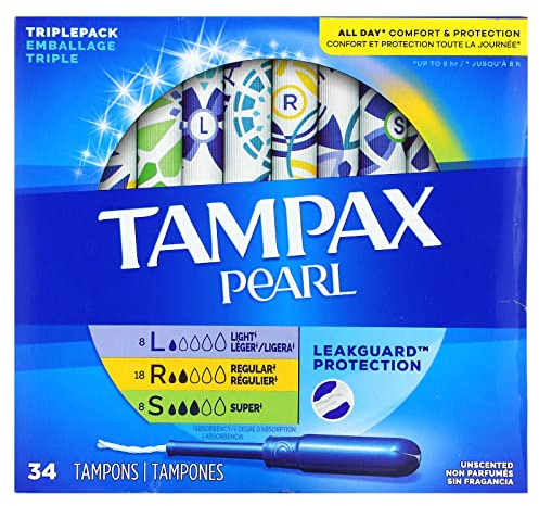 Pearl Tampons, Leicht/Normal/Super saugfähig, mit LeckGuard-Geflecht, 3er-Pack, ohne Duft, 34 Stück