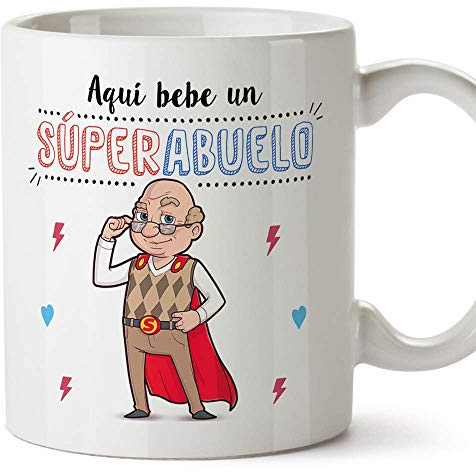MUGFFINS Taza Abuelo - Aquí Bebe Un Super Abuelo - Taza Desayuno/Idea Regalo Original/Día del Padre para Abuelitos. Cerámica 350 mL