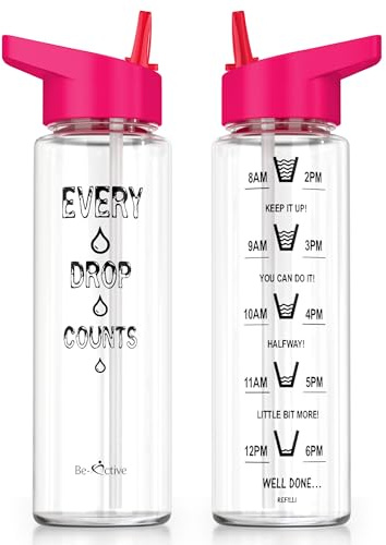 Be-Active Motivational Water Bottle with Straw – With Time Markings - Times to Drink – Tracker - BPA Free (Pink)