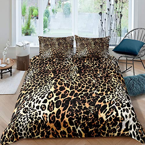 Loussiesd Set di biancheria da letto con copripiumino leopardato con stampa safari e ghepardo per bambini e donne, ultra morbido, motivo animali selvatici, 3 pezzi, per letto matrimoniale