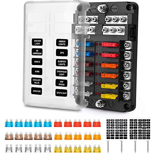 KFZ Sicherungshalter, MICTUNING 12V Sicherungsverteiler 12 Fach Sicherungskasten mit 30Pcs Sicherungen und LED-Anzeige für Wohnmobil Boot Camper