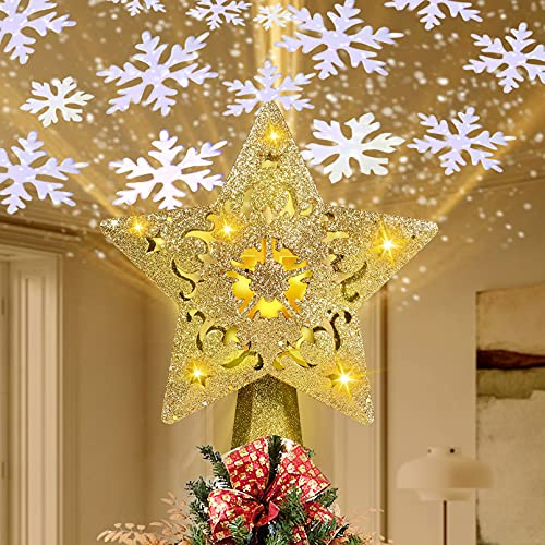 RNSSEZ Puntale per Albero di Natale 3D Glitterato con Proiezione Luce Rotante LED, Stella Decorativa con Fiocchi di Neve, Ornamento Natalizio (Oro)