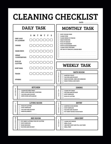 Cleaning Checklist: Daily Weekly and Monthly Cleaning Schedule Checklist Planner | Household Chores with Check Lists | House Cleaning Planner and Organizer
