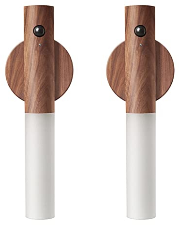 LANDGOO Veilleuse à détecteur de mouvement magnétique pour couloir, éclairage LED rechargeable, applique murale en bois alimentée par piles (bois de noyer)