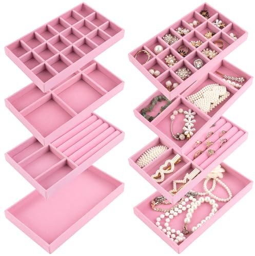 Framendino, 4 Pack Velvet Jewelry Organizer for Drawers Inserts Pink Stackable Earrings Bracelets Necklace Trays