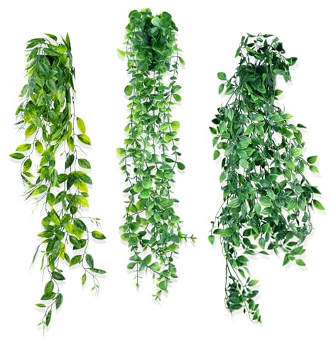 NVIYAM 3 PCS Plante Artificielle Tombante, Plante Artificielle à Suspendre, Artificielle Lierre Grimpant Plante, Vert avec Pots Extérieure Intérieure Decoration pour Balcon, Cuisine, Jardin