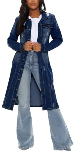 LUIFEL Trench da donna in denim aderente, con bottoni, lungo, giacca di jeans slim, Blu scuro, M