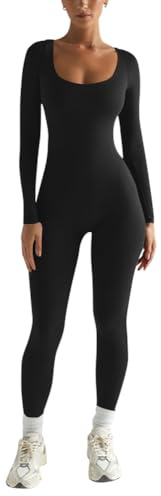 shownicer Combinaison Femme Jumpsuit Moulante Manches Longues Combinaison de Yoga Sport Bodysuit Couleur Unie Élastique Jumpsuit Collier en U A Noir L