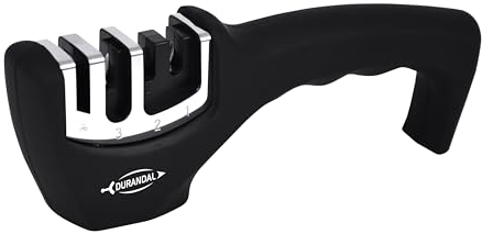 Durandal Schärfblizz 2.0 - Messerschleifer 4 Stufen - Messerschärfer profi - Keramikstein, Carbid-Scheiben, Ergonomisches - Schwarz/Chrom-Design, für alle Messerarten geignet
