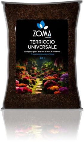 Zoma Terriccio Universale di Qualità Superiore, Terra Per Piante Con il 30% Di Humus Di Lombrico Senza Compostati, Riserva Idrica e Drenaggio ottimale ricco di Acidi umici e fulvici - Sacco 20 Litri