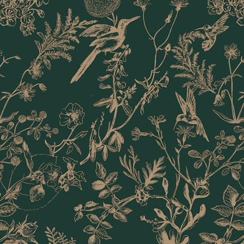 Timeet Self Adhesive Wallpaper Green Gold Peel and Stick Wallpaper Flower Leaf Bird Wallpaper 41x300cm Vinyl Film Sticky Back Wallpaper for Living Room Bedroom Wall Cabinet Shelf