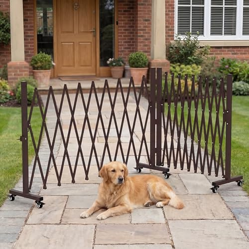 213 Width Expandable Driveway Gate & Retractable Fence Outdoor - 180° Rotating Aluminum Barricade with Casters, Metal Safety Barrier for Backyard/Dog Security (213W*40H,Grey)