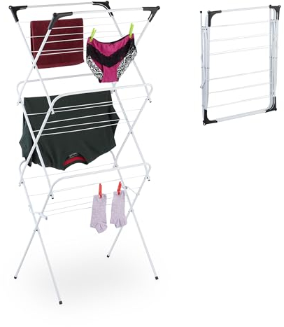 Relaxdays Wäscheständer, klappbar, 18 Stangen, 136x62x51 cm, innen, Metall, platzsparender Turmwäscheständer, weiß