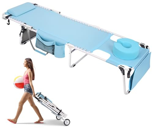 WHEEL-2-GO - Silla de bronceado resistente con agujero frontal acolchado, sillas plegables ajustables para exteriores, silla de playa portátil con ruedas para tomar el sol al aire libre, patio