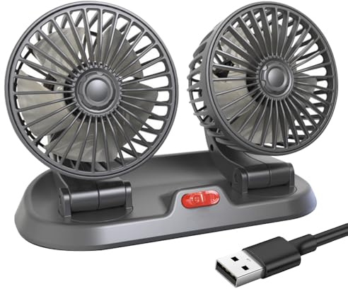 KUWUNG USB Car Fan Double Head, 360° Rotatable USB Auto Fans with 2 Speeds, Portable Car Fans That Blow Cold Air, Dual Head USB Cooling Fan for Cars Home Office Camping