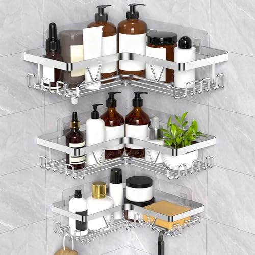 KEGII Étagère Douche Sans Percage - Argent Rangement Angle Étagère Salle de Bain Inox Porte Gel Douche Porte Shampoing Support Shampoing (3 niveaux)