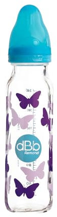 dBb Remond - Biberon Régul'Air Verre - Tétine NN Anticolique Silicone Débit Régulier - Nouveau-né 0-4 Mois - Décor Papillons Turquoise - Résistant Chaleur – Sans BPA - Fabrication Française - 240 ml