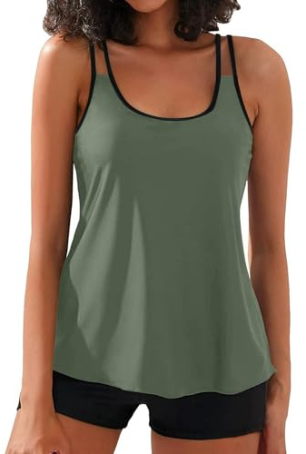 Maillot de Bain Femme 2 Pièces Shorty Tankini Dos Nu à Bretelle Push Up Bikini Rayures