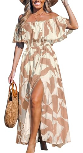 CUPSHE Robe pour Femme d'été en Forme de Robes à épaules dénudées Maxi Longueur à Volants ajustée à la Taille imprimé Tropical