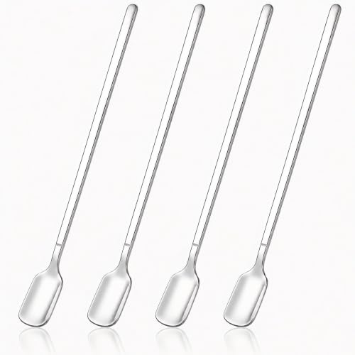 11.4 Inch Long Handle Spoon Set Of 4, Premium Stainless Steel Iced Tea Spoons Coffee Stirrers For Cocktail Ice Cream Dessert, Silver Long Coffee Spoons Reusable