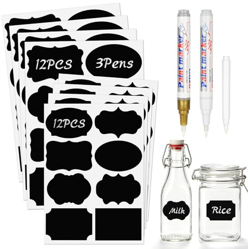 DiULi Étiquettes Autocollantes pour Bocaux, 192PCS Étiquettes de Cuisine Réutilisables et Imperméables, Set avec 3 Marqueurs, pour Organisation du Garde-Manger, Pot à Épices, Bouteilles en Verre, A