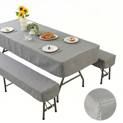 Juego de Fundas para Mesas y Bancos de Cerveza 3 Pcs 100% Poliéster de 150 GSM Opacas Manteles para Conjuntos de Catering 220x70 Exterior Cubre Mesas de Picnic con Costura Doble de Caída Recta Gris