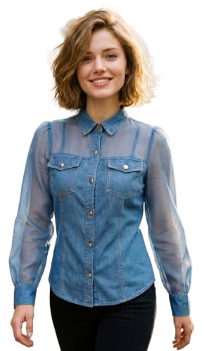 HULIJA jeansblus damer långärmad krage bröstfickor casual kontorströja transparent nätärm lapptäcke falsk denimblus fritid