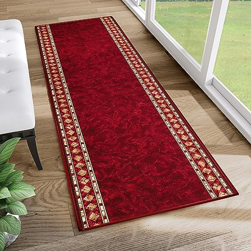 TAPISO Anti Rutsch Teppich Läufer rutschfest Brücke Meterware Oriental Rot Gelb Ornament Design Meliert Flur Küche Wohnzimmer 100 x 500 cm
