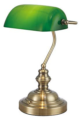 Deco D0085 Morgan Bankers Table Lamp 1 Light E27 Antique Brass/Green Glass
