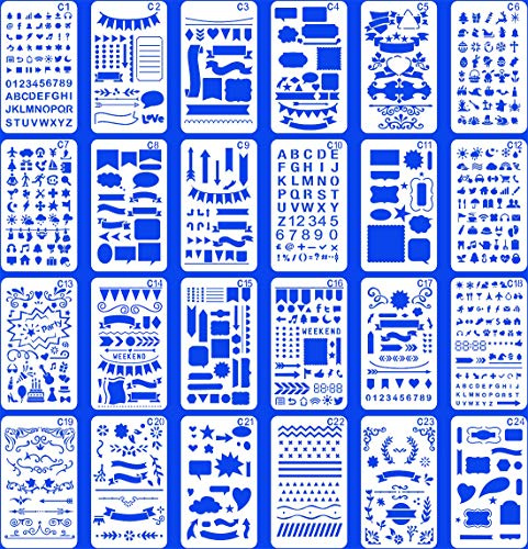Juego de 24 plantillas de plástico para diario, diario, álbumes de recortes, plantillas de dibujo de 4 x 7 pulgadas, accesorios