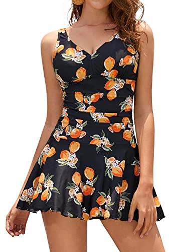 SHEKINI Mujer Bañador con Falda Traje de Baño Retro Cuello de V Acolchado Ruched Control Abdomen Halter Traje de Baño de Una Pieza Tankinni Deportivo (Limón, L)