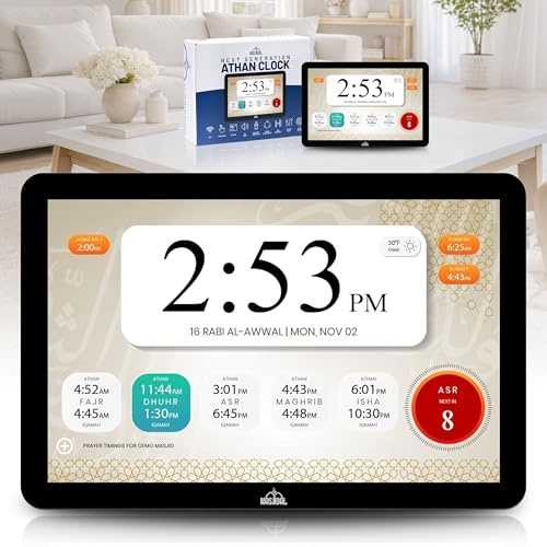 Masjidal 10 Smart WiFi Digital Azan Clock & Islamic Prayer Frame – Automatic Worldwide Prayer & Iqamah Times, Full Quran Player, Athan Alarm, Ramadan Clock, Touchscreen Muslim Home Display, Black
