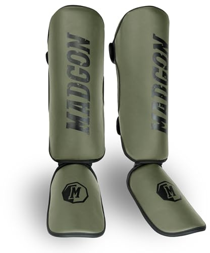 MADGON Espinilleras Kick Boxing Ajuste y Acolchado Ideal – Protección de Espinillas Baja Transpiración – Espinilleras Muay Thai – Protectores de Piernas para Artes Marciales – Incluye Funda