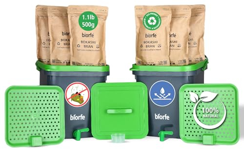 Biorfe Bokashi - Kit de iniciación de compostaje de 2 cubos, 5 galones cada uno, compostador para principiantes para todas las estaciones con salvado Bokashi de 6.6 libras, contenedor de cocina para