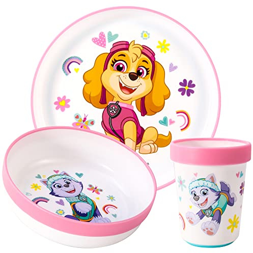 Paw Patrol Girl 3pcs Reusable Bicolor Premium Kids Dinner Tableware Set Plate, Bowl & Tumbler, Free
