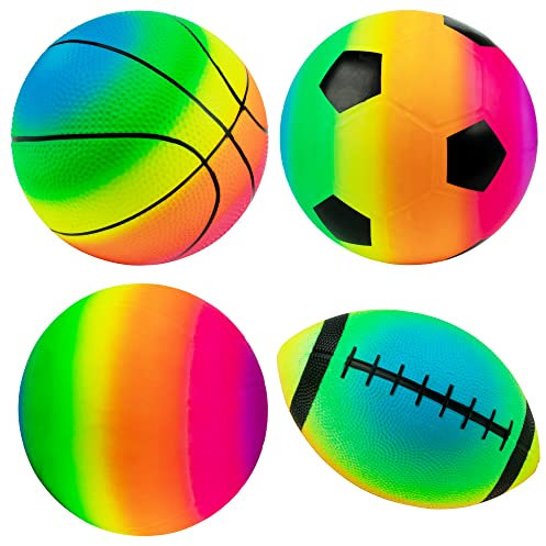 Softball Regenbogen Sportbälle–21.6 cm, 4 Stück, Aufblasbarer Vinyl Ball für Kinder und Bouncy mit Handluftpumpe, Neon Basketball, Fußball und Volleyball für Spielplatz, Innen- und Außenbereich