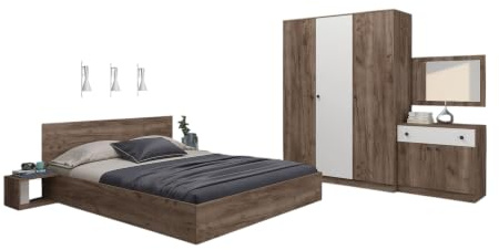 Camera da Letto Matrimoniale Completa Moderna con 1 Armadio a 3 Ante Battenti 1 Letto Matrimoniale con Comodini e 1 Comò con 2 Ante e 1 Cassetto CDMG1 (Brown)