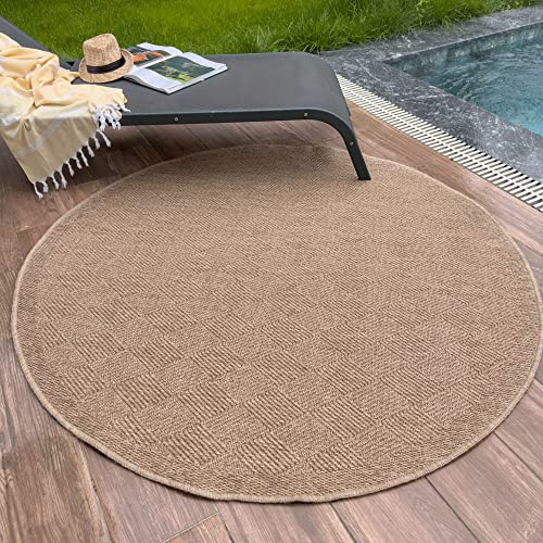 THE RUGS Nature Collection Outdoor Rug – Indoor/Outdoor Tona Border Area Rug for Patio, Deck, Garden, Kitchen, Bathroom or Living Room (Diamond-Neutral, 160 cm Round)