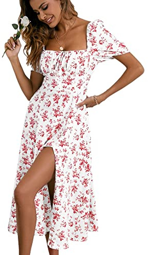 GORGLITTER Women's Milkmaid Floral Midi Dress Summer Flowy Party Dresses | Nice, Square Neck, Tea, Wedding Guest Dresses for Women Uk, Maternity, Holiday, Split Outfits