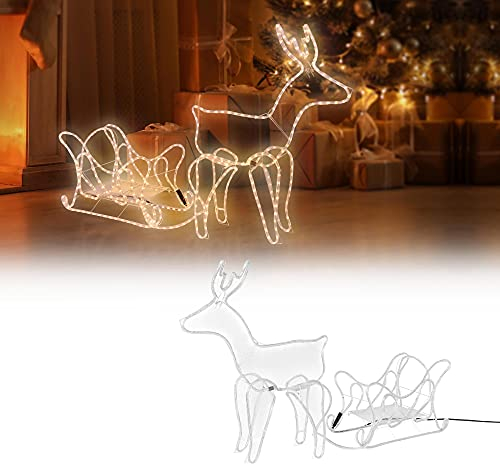 ECD Germany Renna Decorativa con Slitta a 504 Luci LED Tubo Luminoso in PVC Trasparente 273x77x28 cm Bianco Caldo Figura di Natale Decorazione Natalizia Ornamento da Giardino Cortile Interno/Esterno
