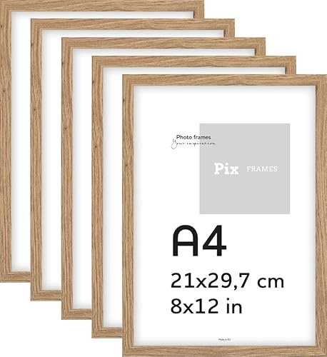 Pix FRAMES Cadre Photo 21x29,7 cm (A4) - Set x5 - Cadre Poster Bois - Cadre avec Vitres en Acrylique - Elégant Cadre à Suspendre et à Poster - Cadre Portrait Moderne - Chêne
