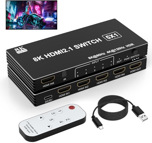 HDMI Switch 8K 5 en 1 Sortie, sélecteur de répartiteur HDMI 5 Ports prenant en Charge 8K 60Hz 4K 120 Hz, commutateur HDMI 2.1 Compatible avec PS 5/4/3 Xbox Roku TV PC