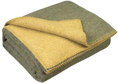 LYHome Manta Lana Merino - Plaid de Lana de Oveja para Viaje Militar Camping, Cubre para Sofa Cama, Mantas Sofas, Cobijas Calientes Invierno Verano (130 x 170 cm, Verde Oliva y Mostaza Doble-Cara)