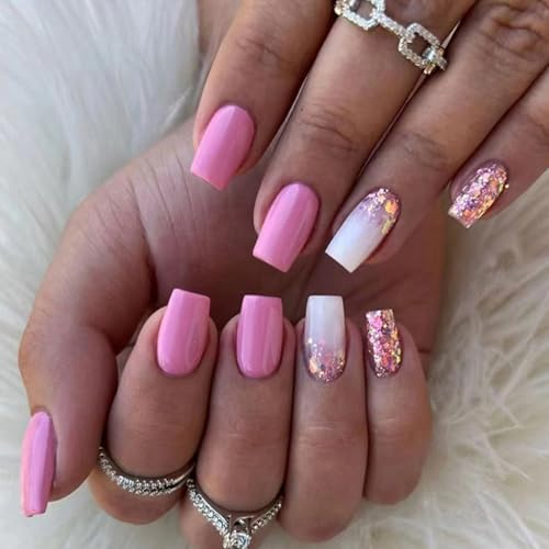 Ceboic 24 Stück Nägel Zum Aufkleben Kurz, Eckig French Press on Nails Ballerina Rosa Weiß Glänzend Fake Nails Kunstnägel, Square Acryl Fingernägel zum Aufkleben für Frauen und Mädchen