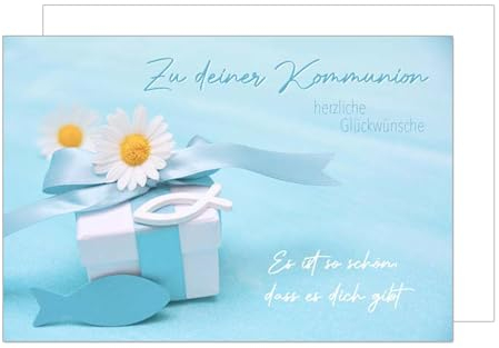 Edition Seidel Premium Glückwunschkarte zur Kommunion mit Umschlag. Kommunionskarte Karte mit Spruch Grusskarte Geschenk Fisch Blume Junge Mädchen (KO298 SW024)