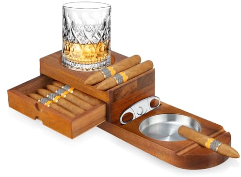 Cgaplus Posacenere in legno per sigari e whisky, sottobicchiere, posacenere con porta sigari e accessori per sigari con fessure, ottimo set regalo per uomo, decorazione per casa e ufficio