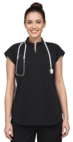 Anwrtuk Scrub Tops for Women, Medical Stand-up Collar Short Sleeve Work Clothing with 2 Pockets for Nurses, Doctors, Assistants, pet Grooming (UK, Alpha, M, Regular, Regular, Black)